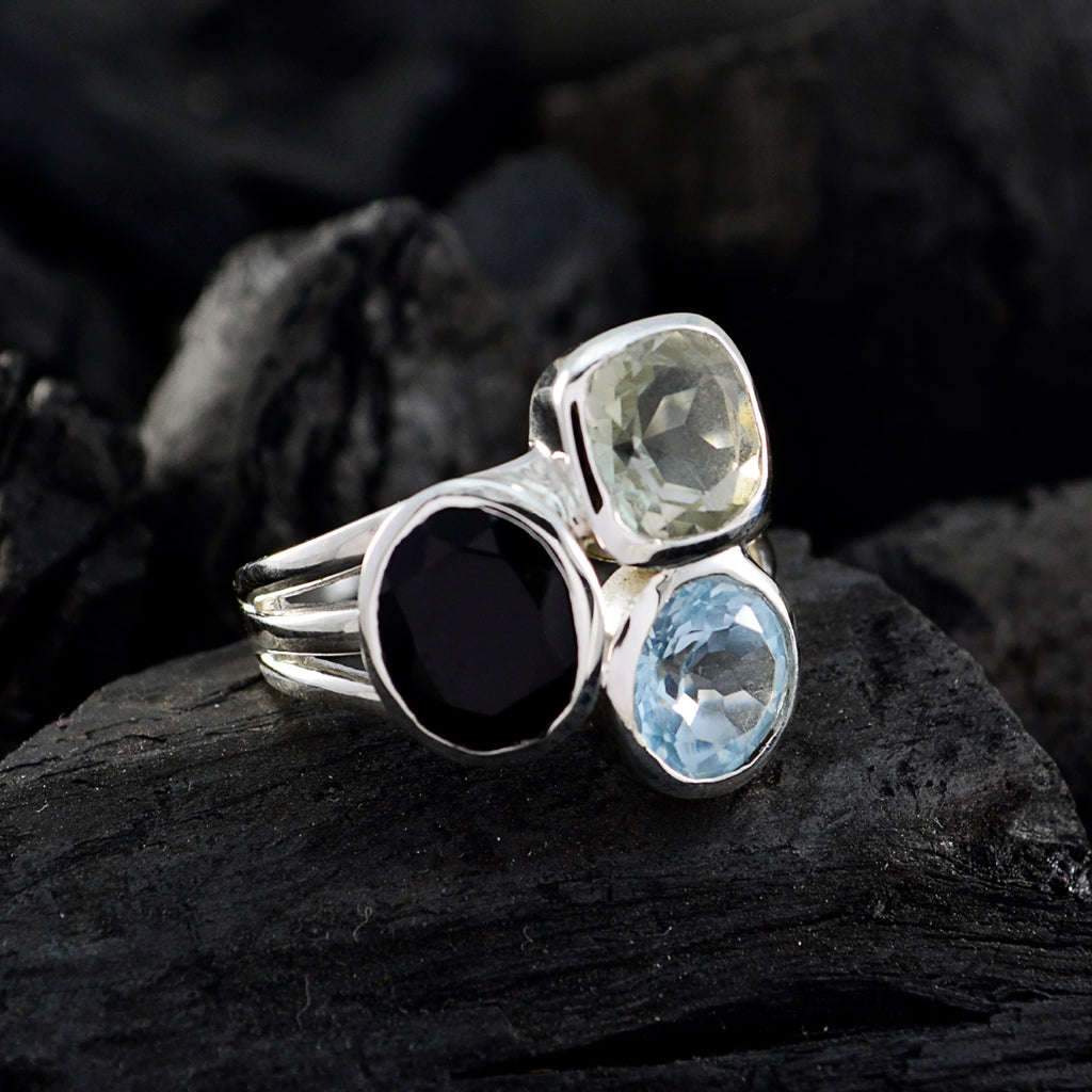 Multi Stone Trilogy Indian Silver multicolor Gemstone Mid weight Cocktail Ring Jewellery