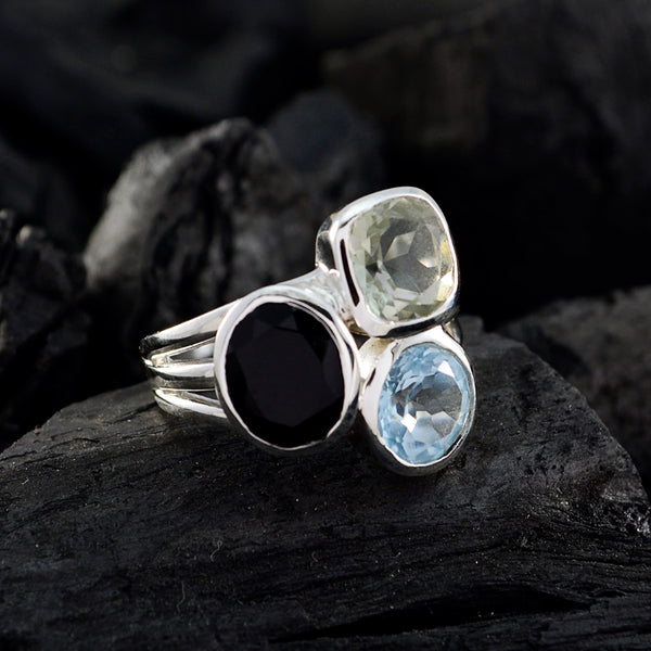 Multi Stone Trilogy Indian Silver multicolor Gemstone Mid weight Cocktail Ring Jewellery