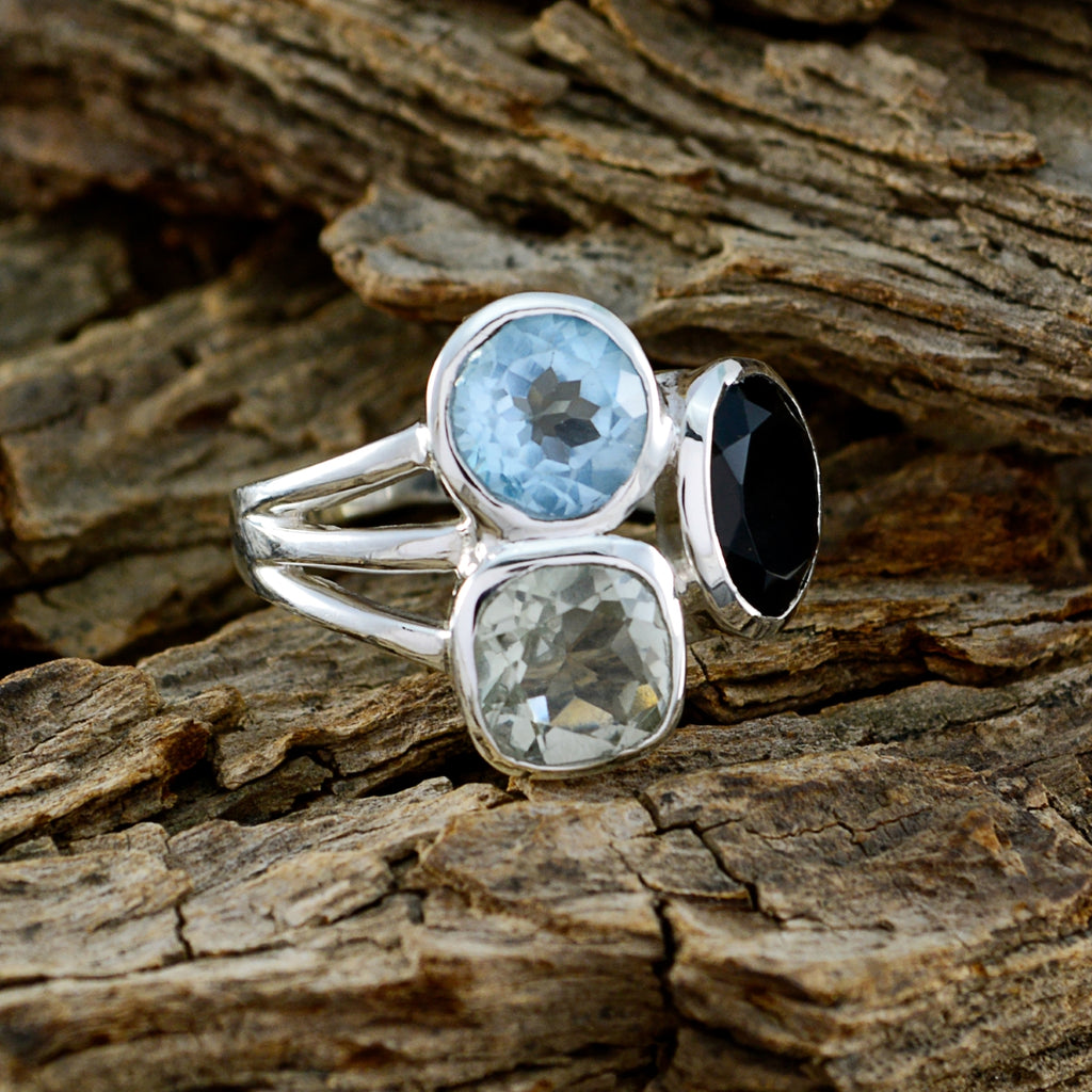 Multi Stone Trilogy Indian Silver multicolor Gemstone Mid weight Cocktail Ring Jewellery