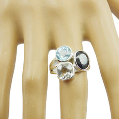 Multi Stone Trilogy Indian Silver multicolor Gemstone Mid weight Cocktail Ring Jewellery