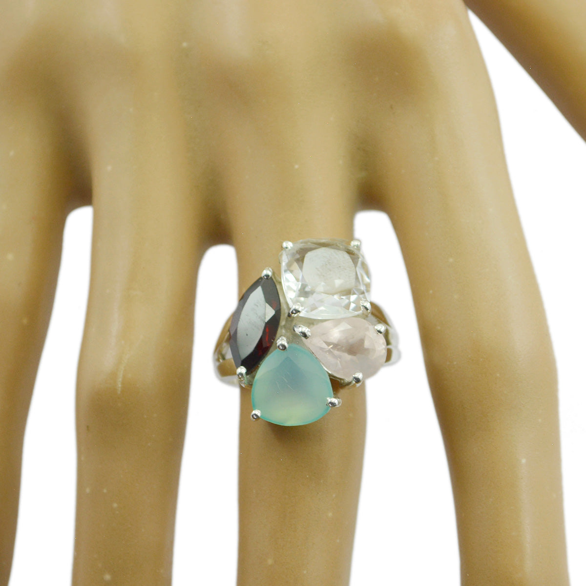 Anillo de cóctel versátil con piedras preciosas multicolores en plata francesa 925 de un cuarto de galón. Imagen secundaria del producto