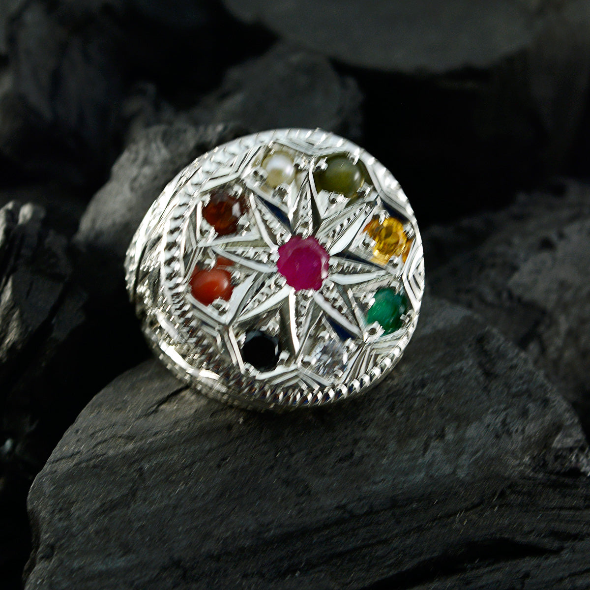 Multi Stone navratna Indian 925 Silver multicolor Gemstone Chunky Cocktail Ring Jewellery