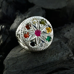 Multi Stone navratna Indian 925 Silver multicolor Gemstone Chunky Cocktail Ring Jewellery