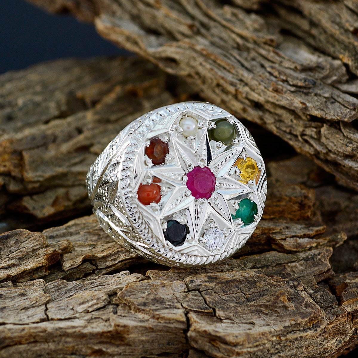 Multi Stone navratna Indian 925 Silver multicolor Gemstone Chunky Cocktail Ring Jewellery