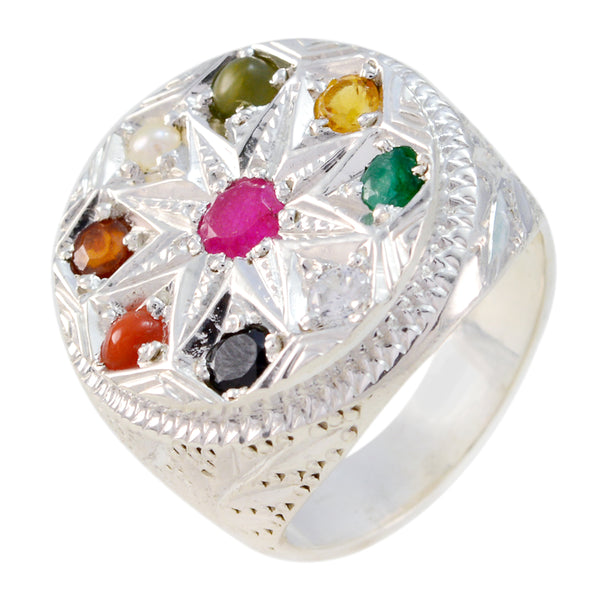 Multi Stone navratna Indian 925 Silver multicolor Gemstone Chunky Cocktail Ring Jewellery