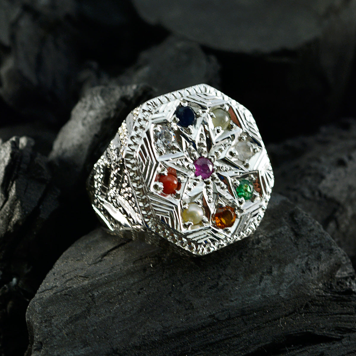 Multi Stone Navratna Indian Silver multicolor Gemstone Chunky Cocktail Ring Jewellery