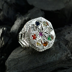 Multi Stone Navratna Indian Silver multicolor Gemstone Chunky Cocktail Ring Jewellery