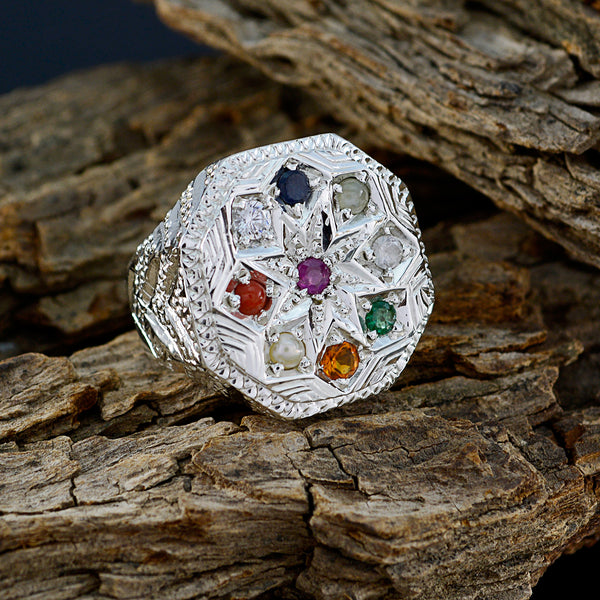 Multi Stone Navratna Indian Silver multicolor Gemstone Chunky Cocktail Ring Jewellery