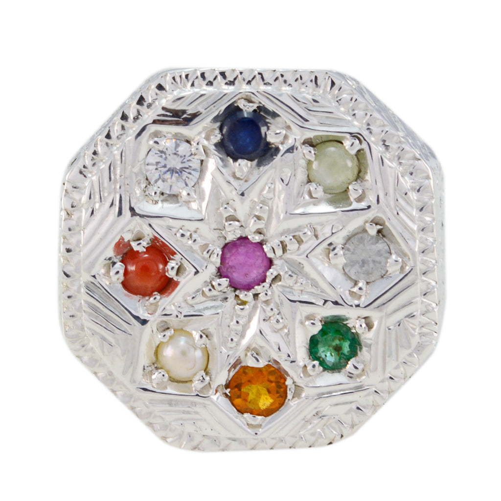 Multi Stone Navratna Indian Silver multicolor Gemstone Chunky Cocktail Ring Jewellery