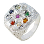 Multi Stone Navratna Indischer Silber Multicolor Edelstein Chunky Cocktail Ring Schmuck