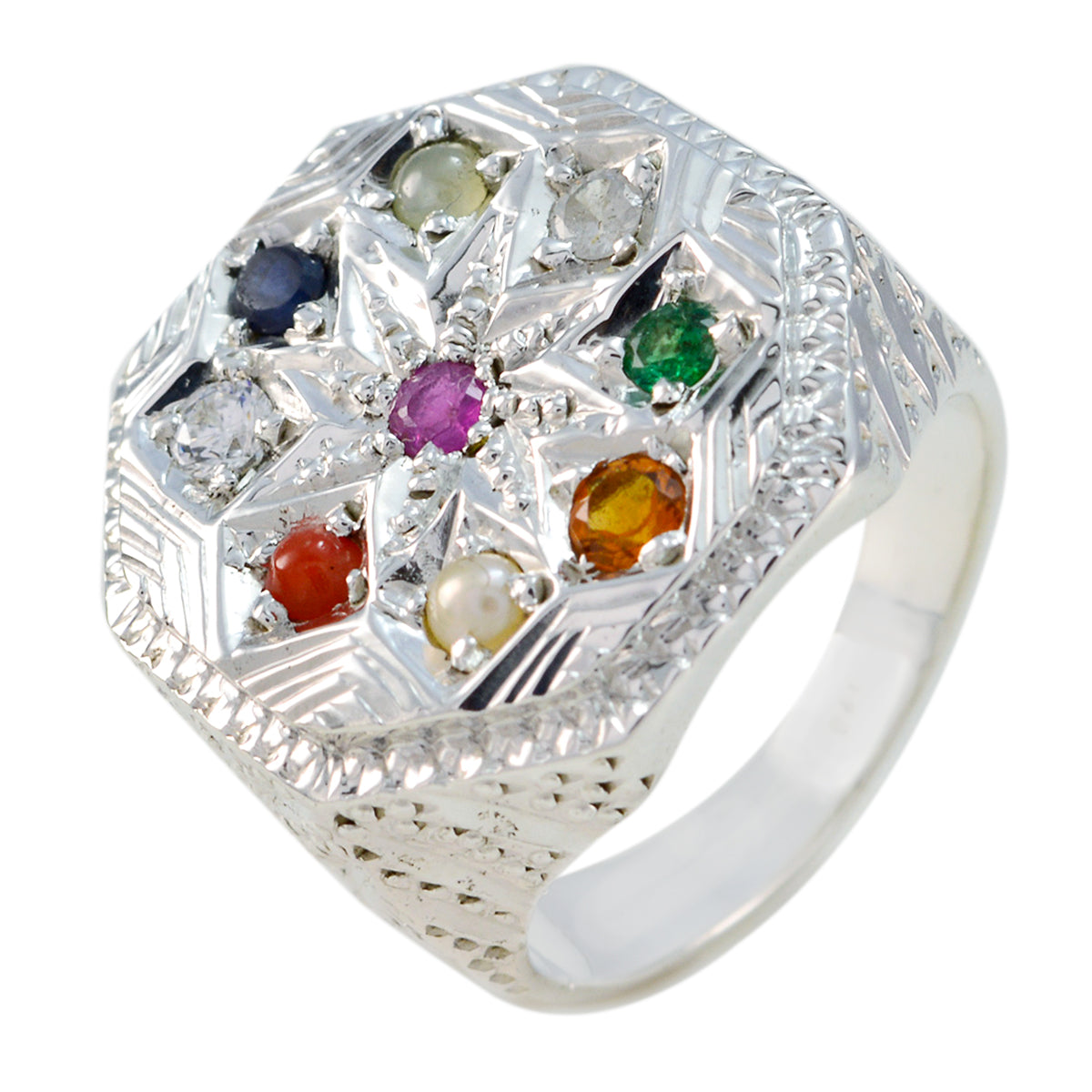 Multi Stone Navratna Indischer Silber Multicolor Edelstein Chunky Cocktail Ring Schmuck