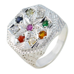 Multi Stone Navratna Indian Silver multicolor Gemstone Chunky Cocktail Ring Jewellery
