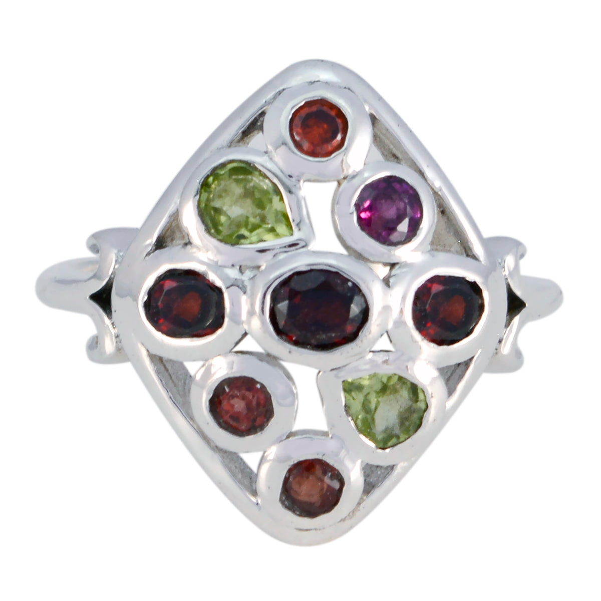 Multi Stone Navratna Moroccan Silver multicolor Gems Slim Modern Ring Jewelry