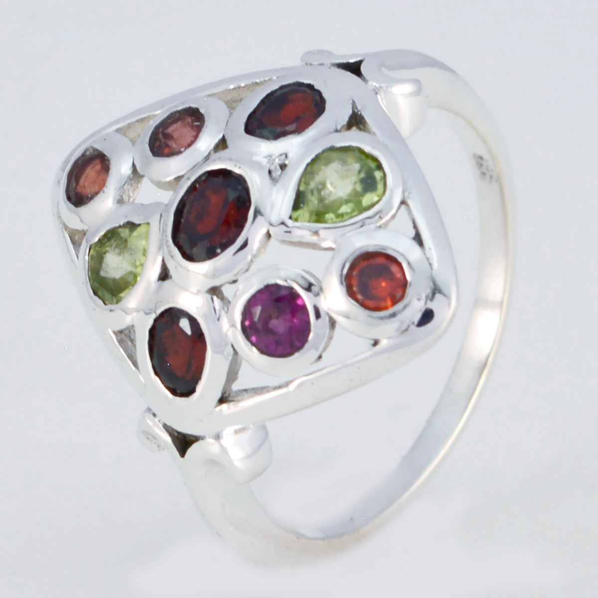 Multi Stone Navratna Moroccan Silver multicolor Gems Slim Modern Ring Jewelry