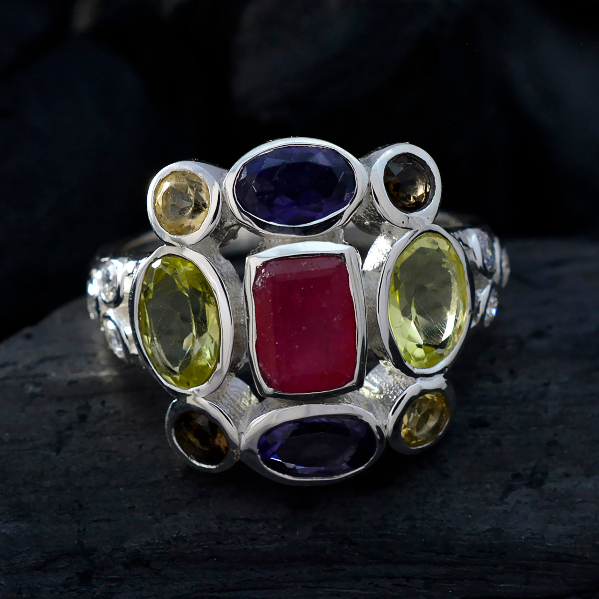 Multi Stone Navratna French 925 Silver multicolor Gemstones Classic Cocktail Ring Jewellery