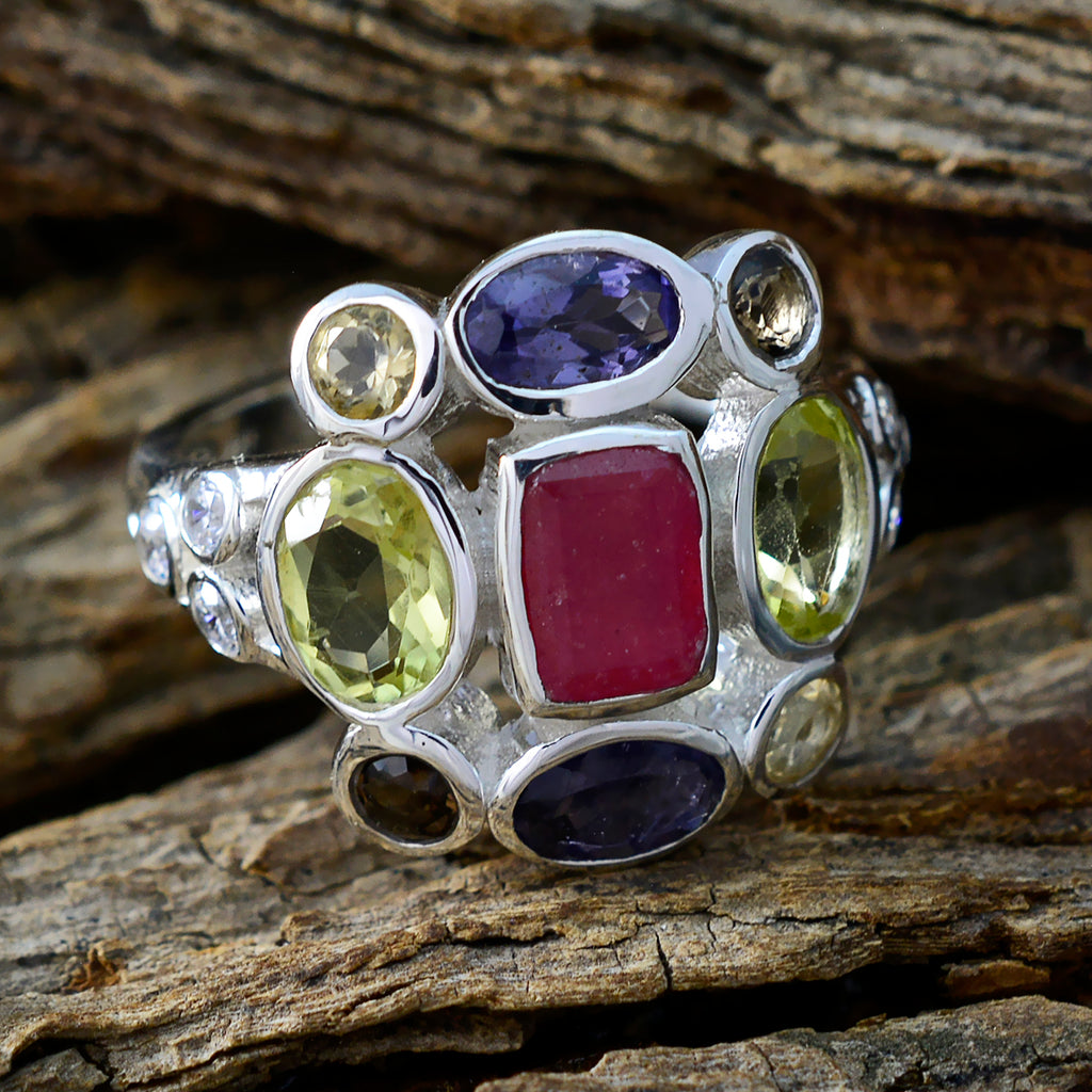 Multi Stone Navratna French 925 Silver multicolor Gemstones Classic Cocktail Ring Jewellery