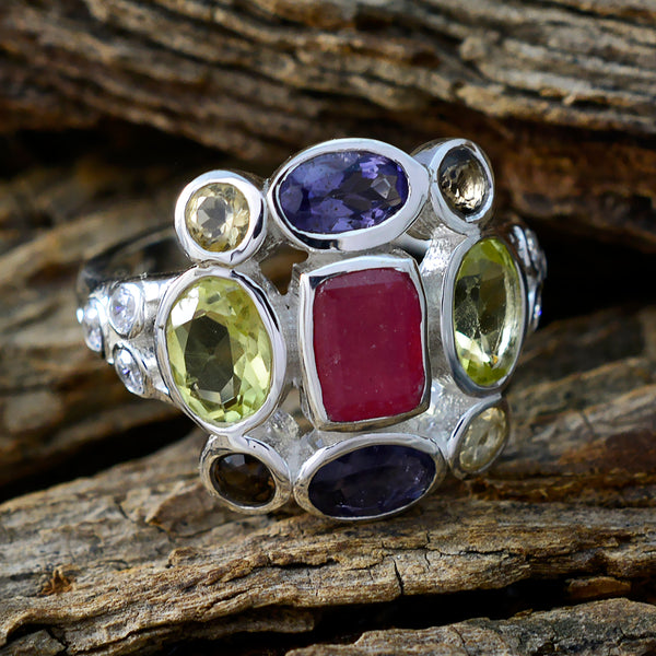 Multi Stone Navratna French 925 Silver multicolor Gemstones Classic Cocktail Ring Jewellery