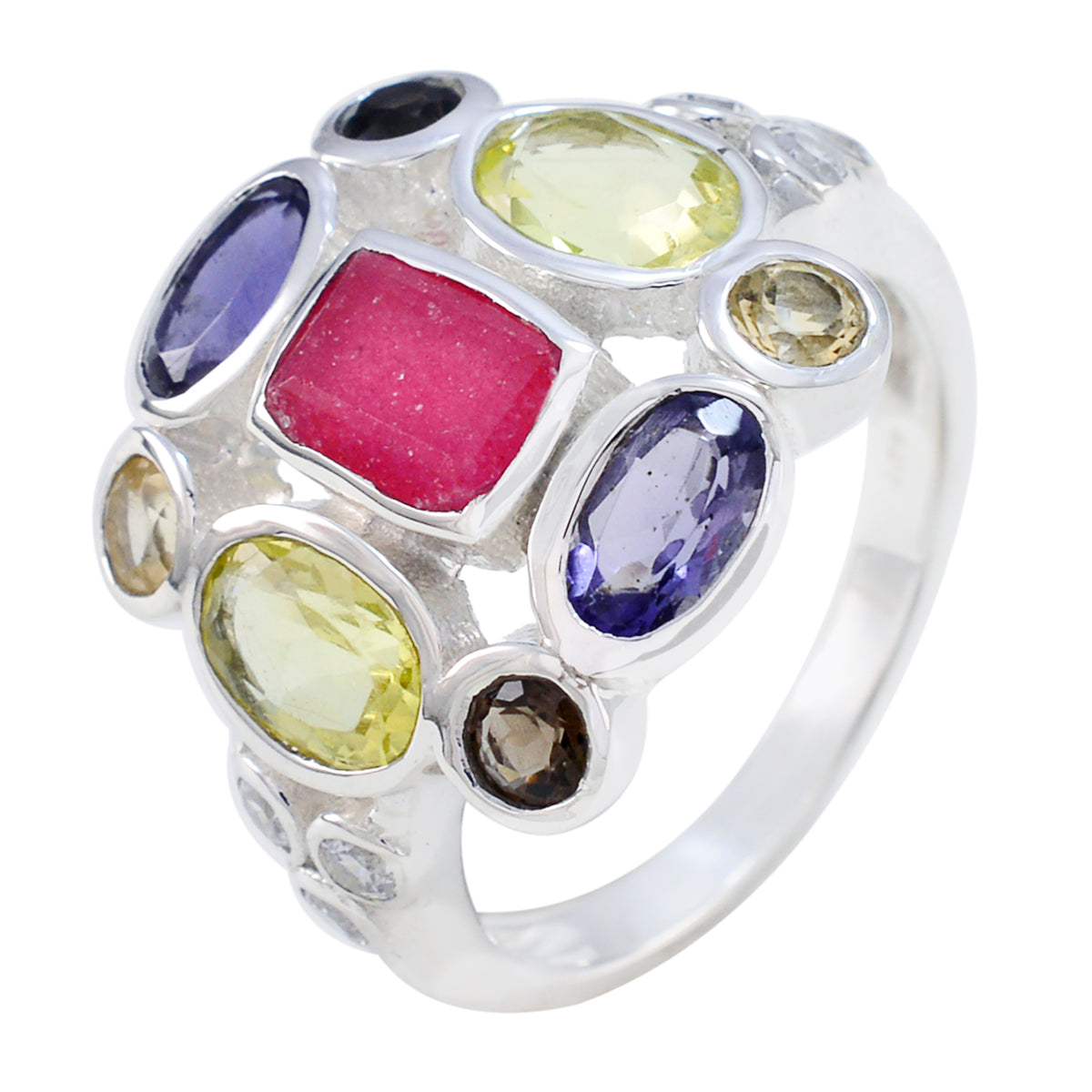 Multi Stone Navratna French 925 Silver multicolor Gemstones Classic Cocktail Ring Jewellery
