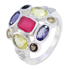 Multi Stone Navratna French 925 Silver multicolor Gemstones Classic Cocktail Ring Jewellery
