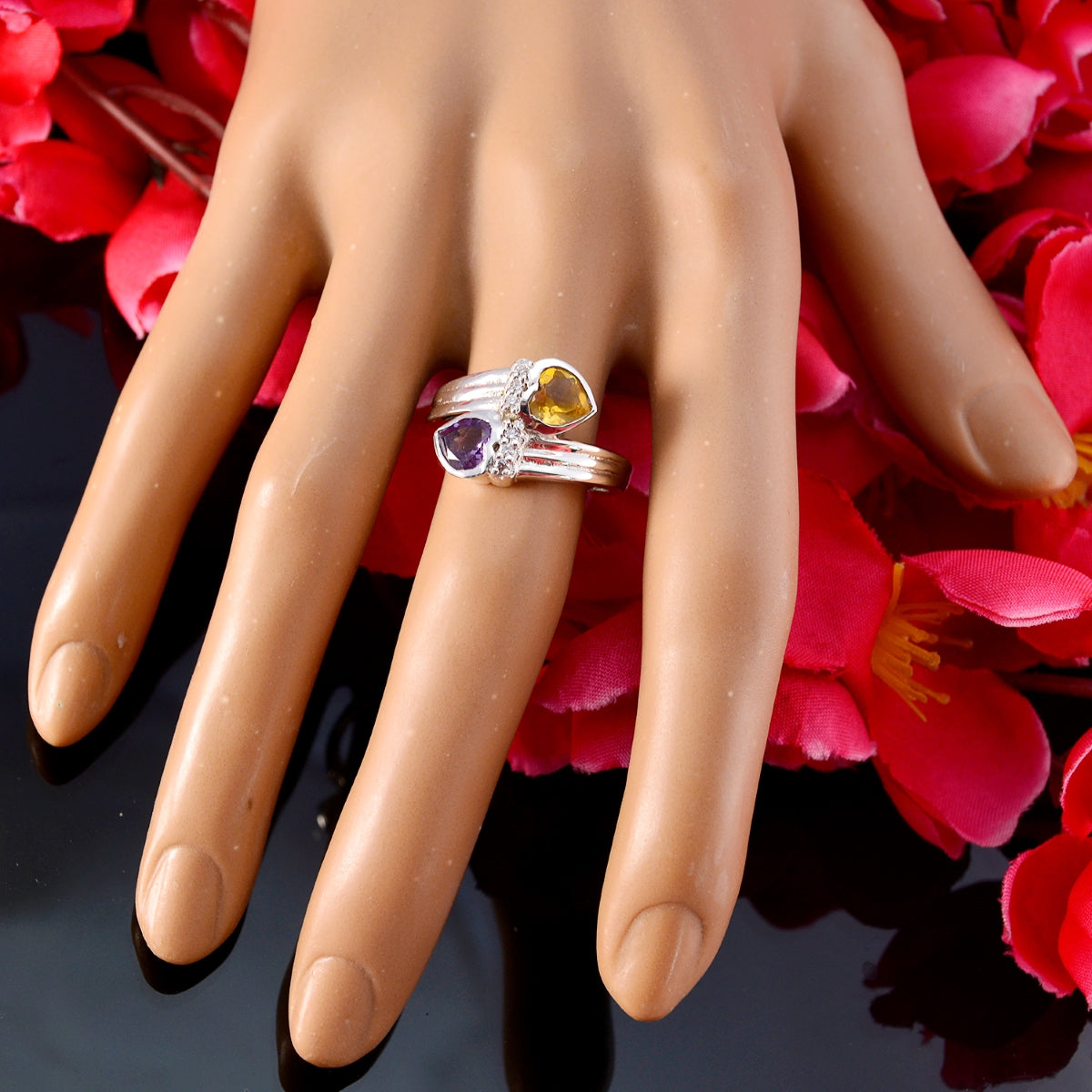 Multi Stone Toi et Moi French Sterling Silver multicolor Gemstone Minimal Heart Ring Jewelry