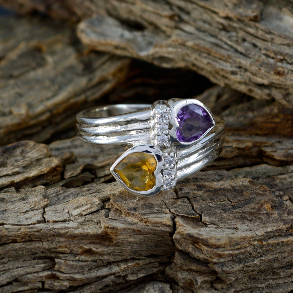 Multi Stone Toi et Moi French Sterling Silver multicolor Gemstone Minimal Heart Ring Jewelry