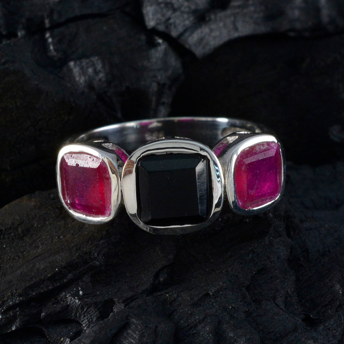 Multi Stone Trilogy Egyptian 925 Sterling Silver multicolor Gemstones Slim Boho Ring Jewelry