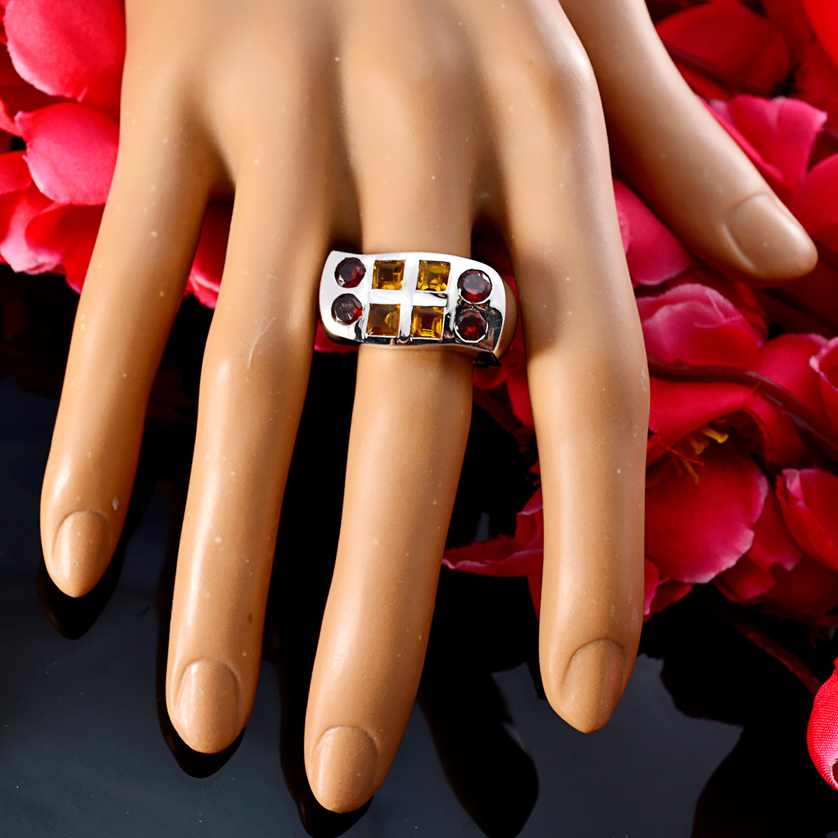 Multi Stone octa Spanish 925 Silver multicolor Gemstones Chunky Cocktail Ring Jewellery