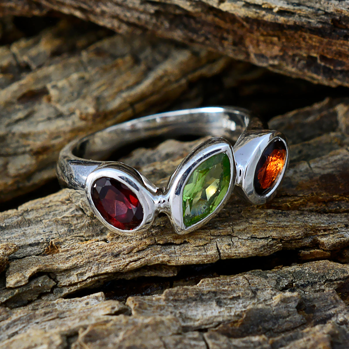Multi Stone Trilogy Indian 92.5 Silver multicolor Gemstones Minimal Trendy Ring Jewelry