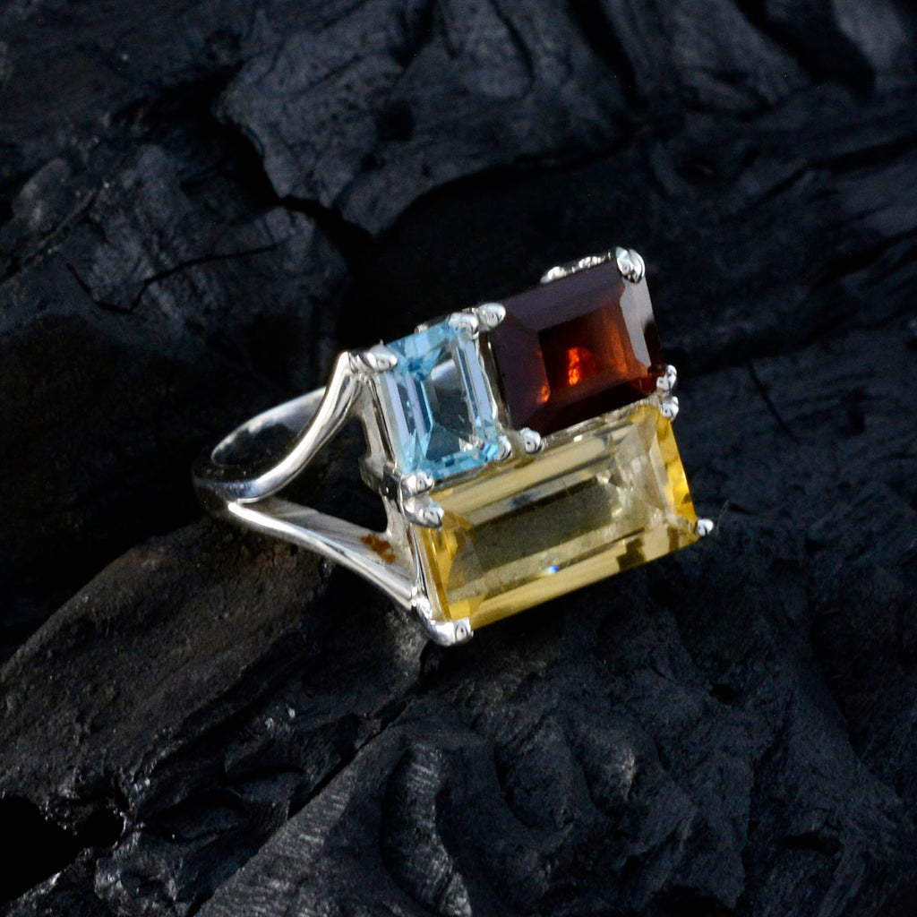 Multi Stone Trilogy French Silver multicolor Gemstones Classic Trendy Ring Jewelry