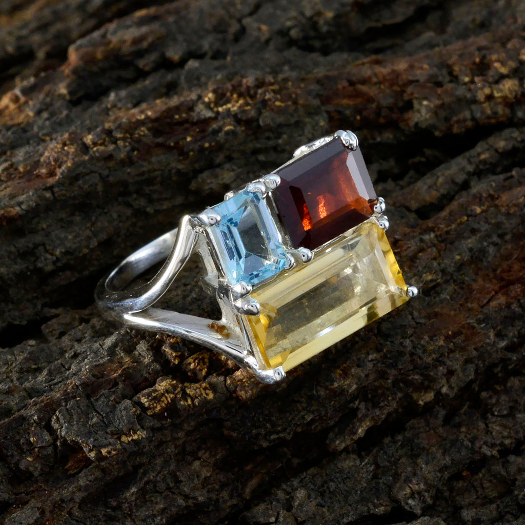 Multi Stone Trilogy French Silver multicolor Gemstones Classic Trendy Ring Jewelry