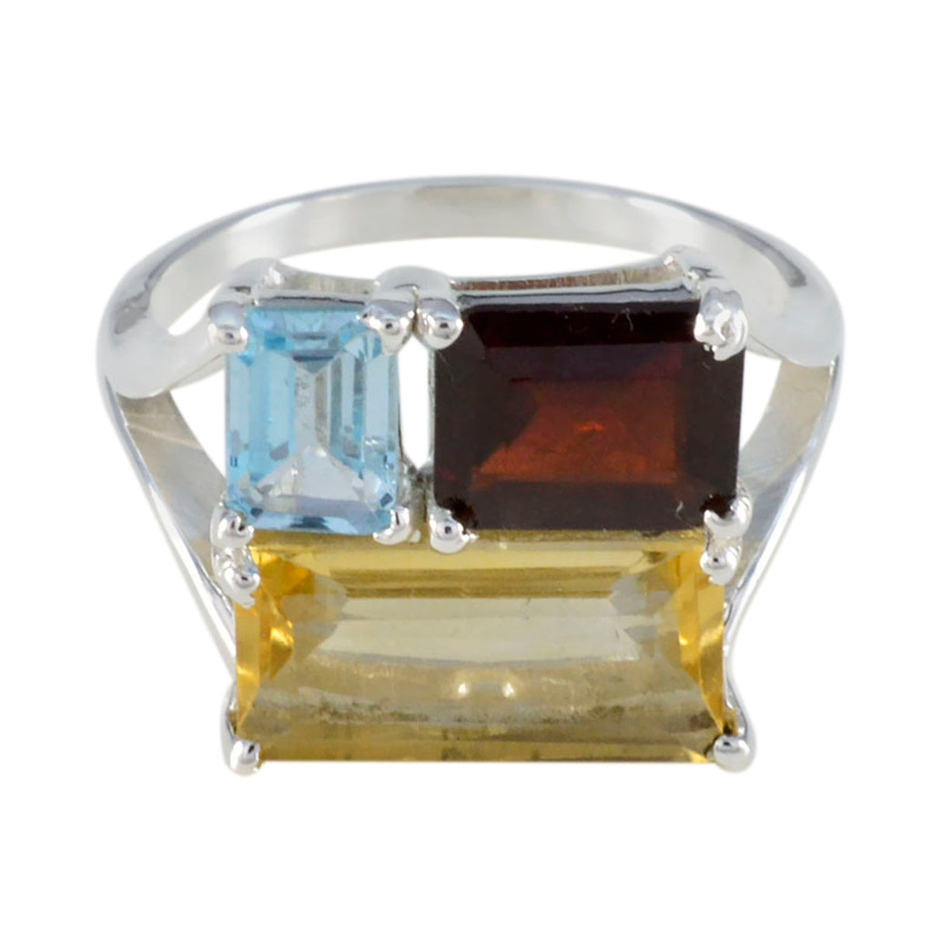 Multi Stone Trilogy French Silver multicolor Gemstones Classic Trendy Ring Jewelry