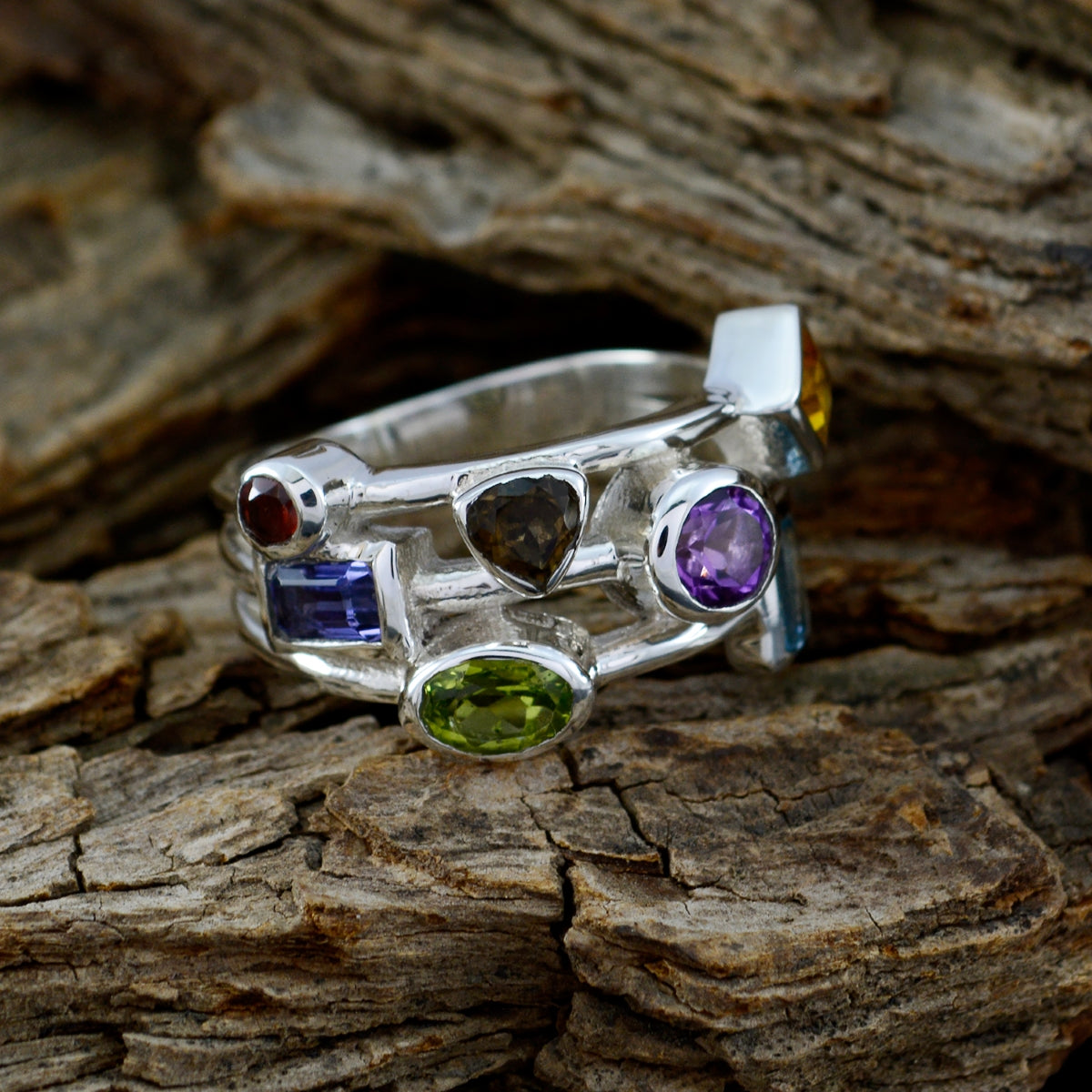 Multi Stone multiple Russian 925 Sterling Silver multicolor Gemstone Versatile Cocktail Ring Jewelry