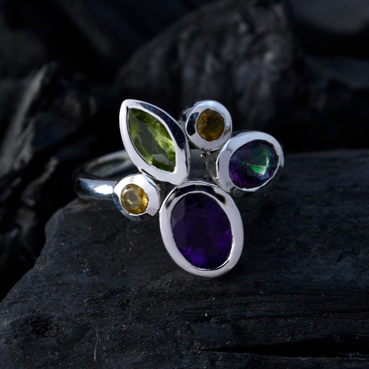 Multi Stone Penta Moroccan Silver multicolor Gems Minimal Cocktail Ring Jewelry