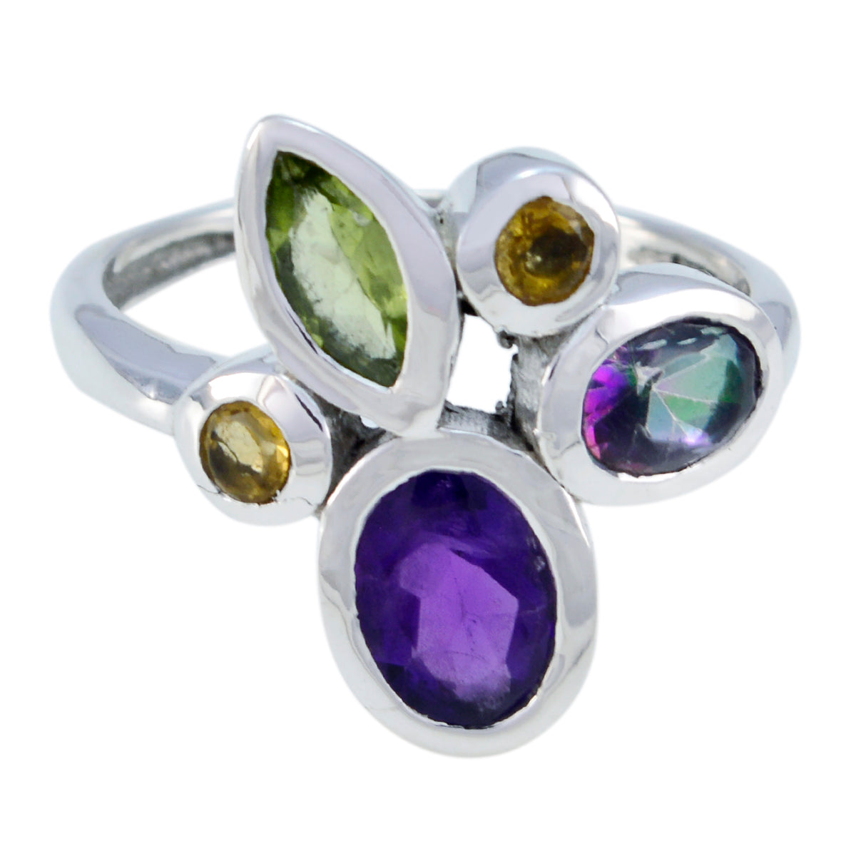 Multi Stone Penta Moroccan Silver multicolor Gems Minimal Cocktail Ring Jewelry