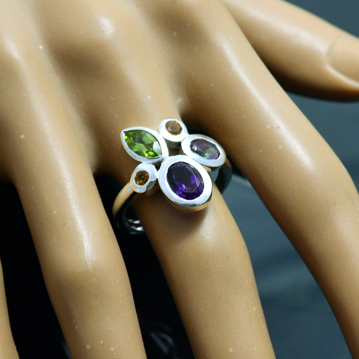 Multi Stone Penta Moroccan Silver multicolor Gems Minimal Cocktail Ring Jewelry