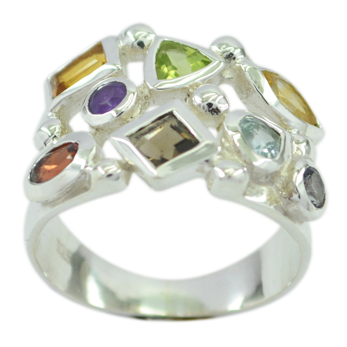 Multi Stone multiple Indian Sterling Silver multicolor Gemstone Eye catching Cocktail Ring Jewelry Hoofdafbeelding