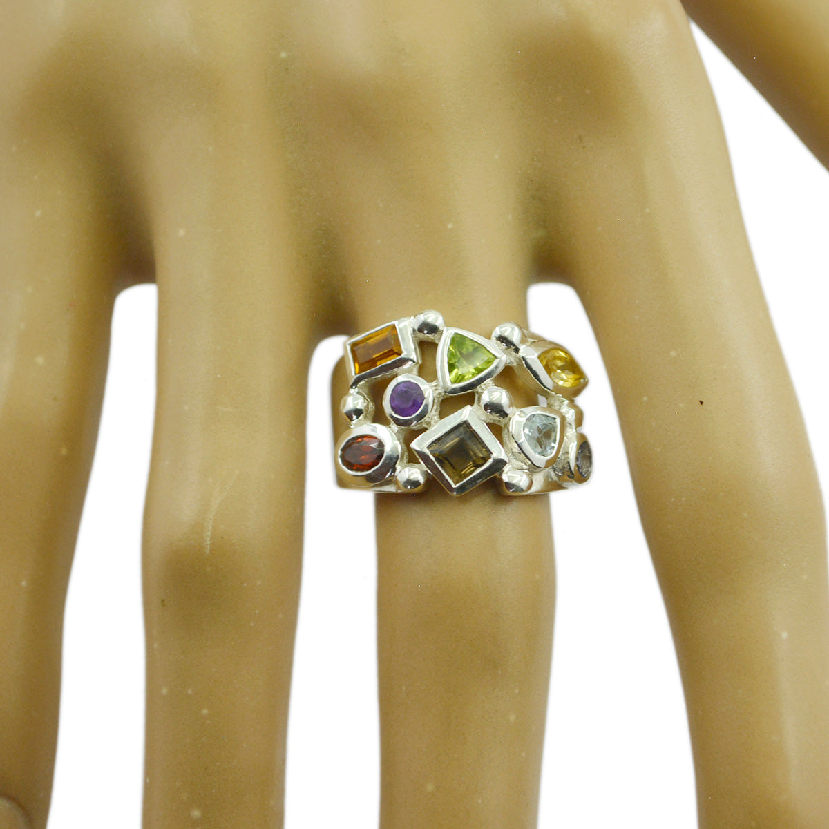 Multi Stone multiple Indian Sterling Silver multicolor Gemstone Eye catching Cocktail Ring Jewelry