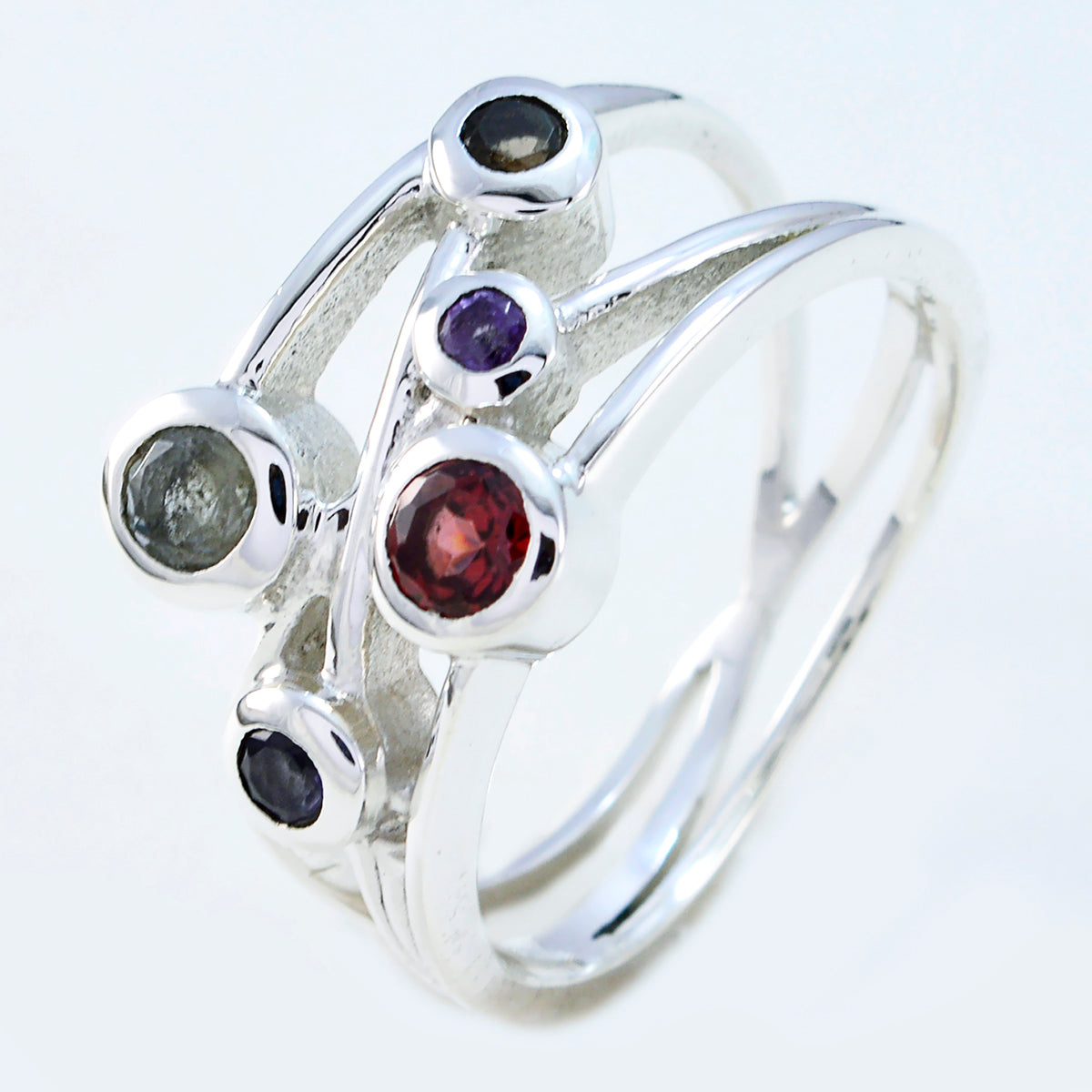 Multi Stone Penta Russian Sterling Silver multicolor Gems Classic Sophisticated Ring Jewellery