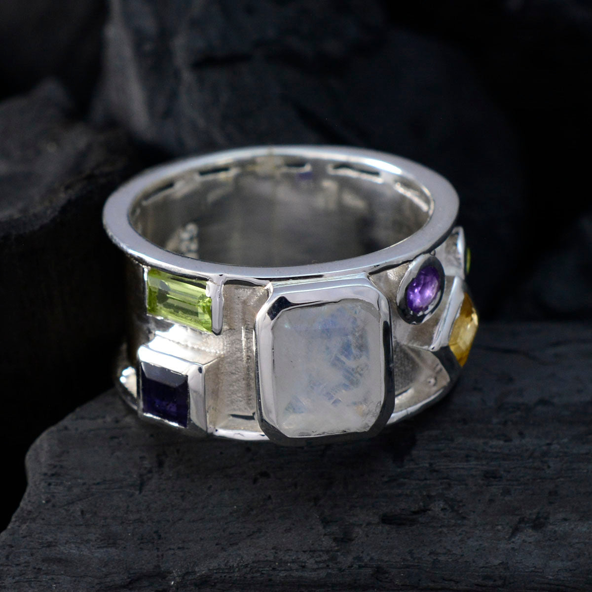 Multi Stone Hexa Moroccan 92.5 Silver multicolor Gemstones Essential  Abstract Band Jewellery