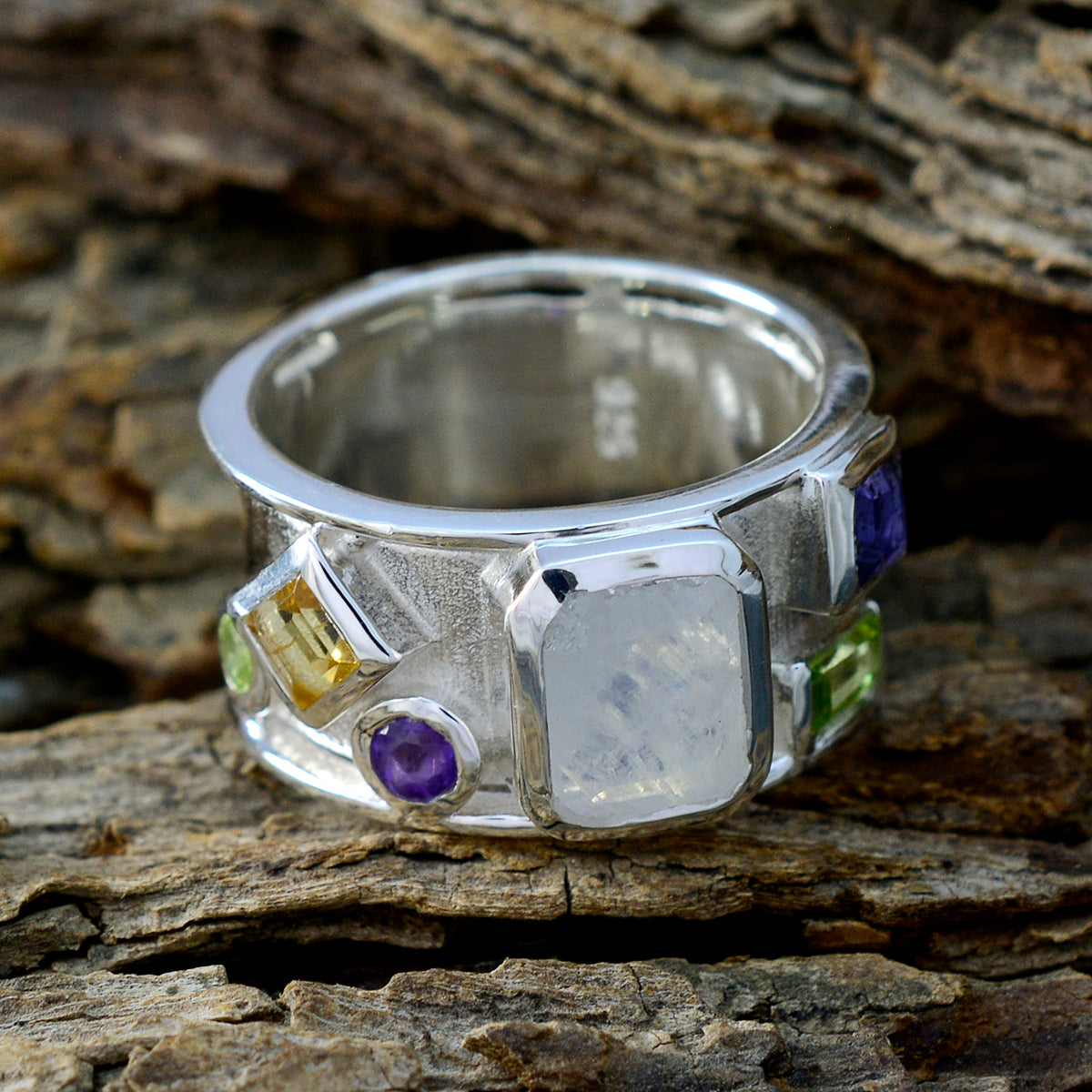 Multi Stone Hexa Moroccan 92.5 Silver multicolor Gemstones Essential  Abstract Band Jewellery