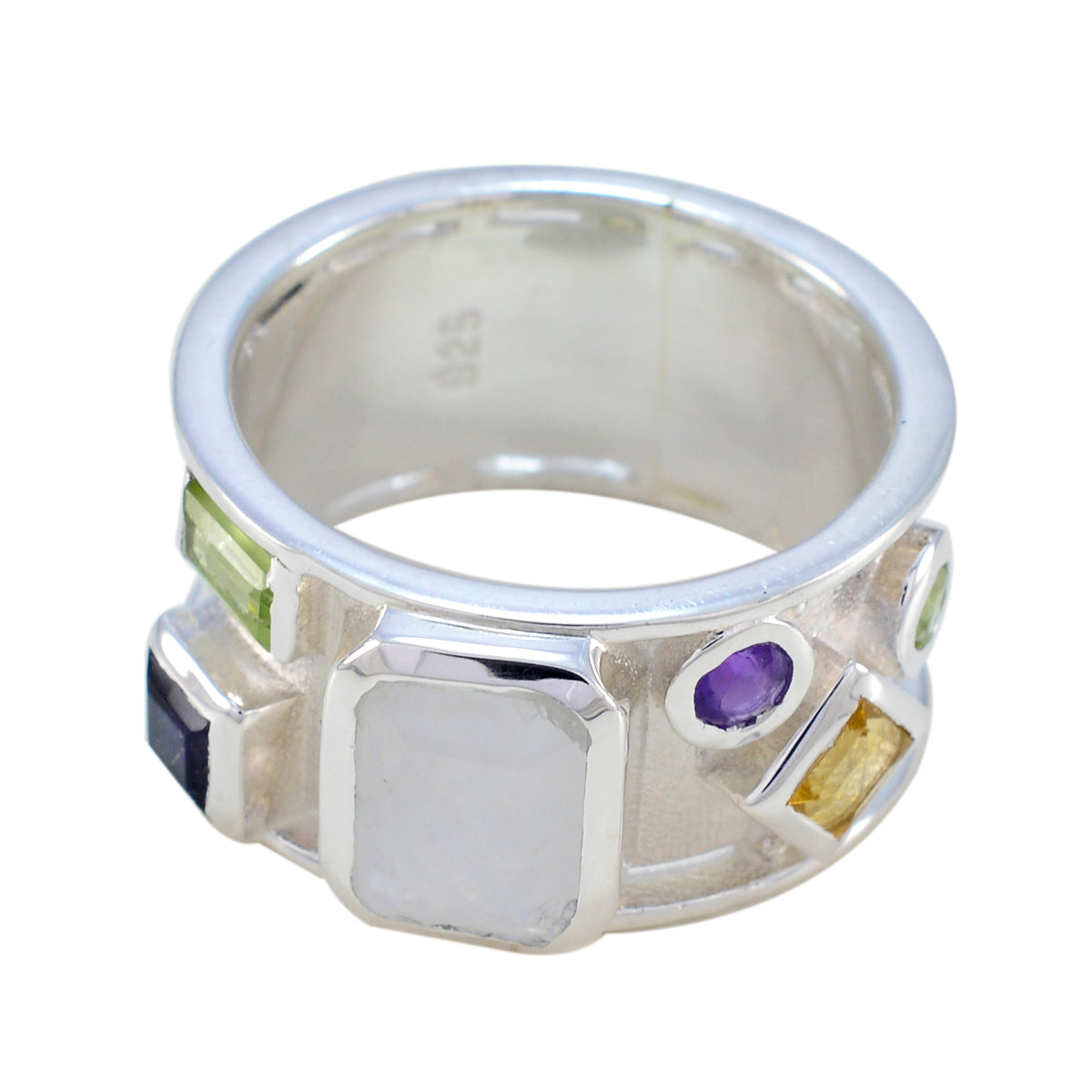 Multi Stone Hexa Moroccan 92.5 Silver multicolor Gemstones Essential  Abstract Band Jewellery