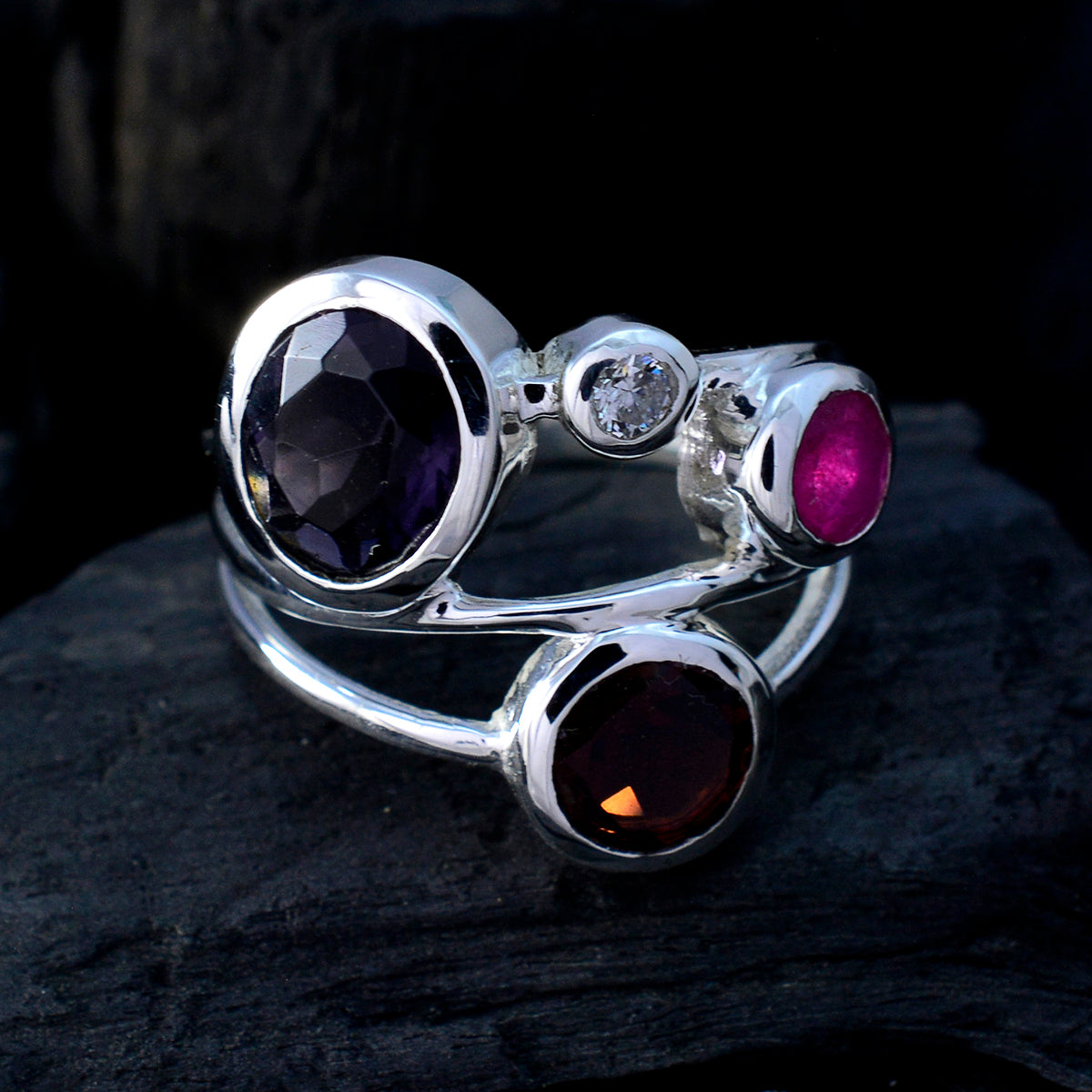 Multi Stone quarter African Silver multicolor Gemstone Minimal Contemporary Ring Jewelry