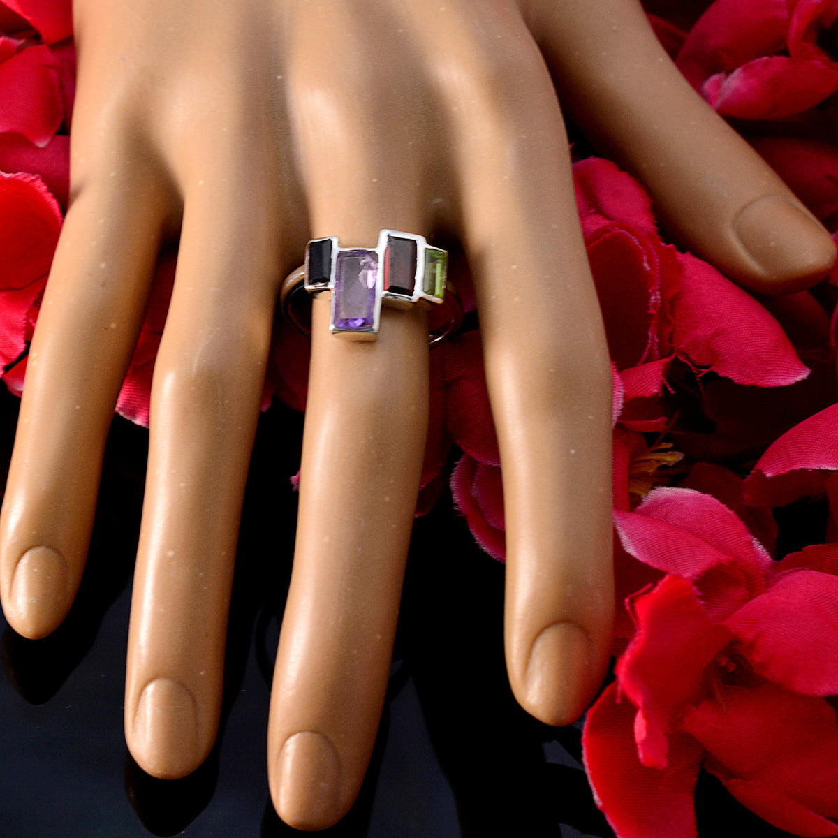 Multi Stone quarter Korean 925 Silver multicolor Gems Whisper thin Cocktail Ring Jewellery