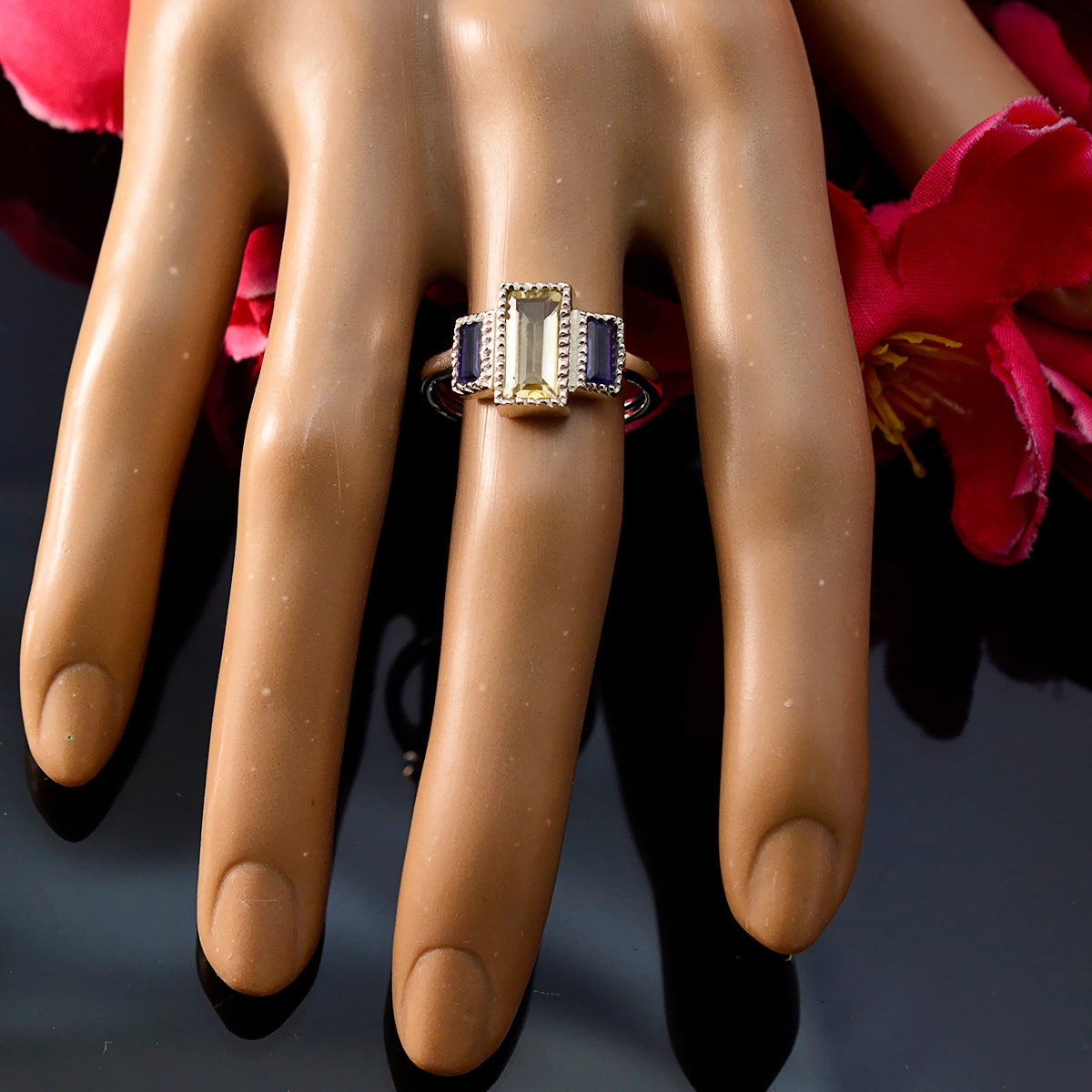 Multi Stone Trilogy Egyptian 925 Sterling Silver multicolor Gemstones Featherlight Fairytale Ring Jewellery