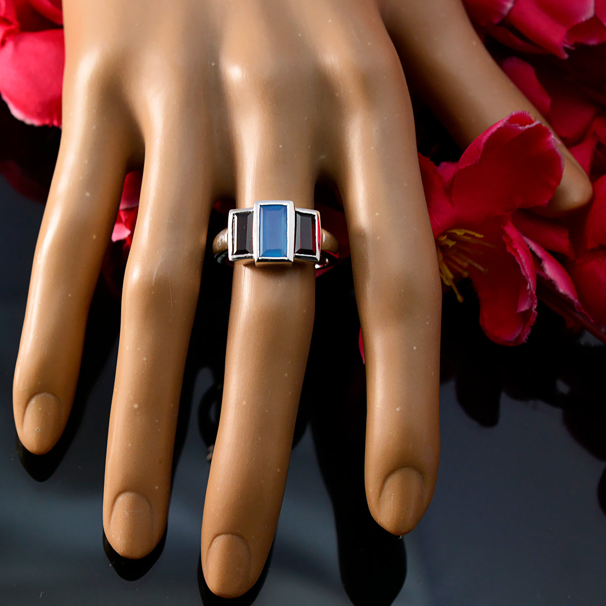 Multi Stone Trilogy Egyptian 92.5 Silver multicolor Gemstone Minimal Glamorous Ring Jewellery