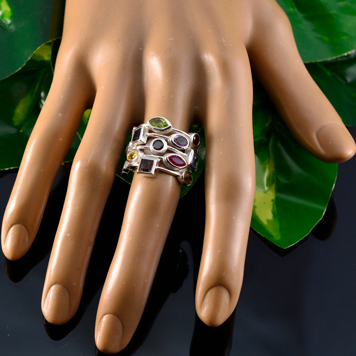 Multi Stone multiple French 925 Sterling Silver multicolor Gemstones Eye catching Cocktail Ring Jewellery