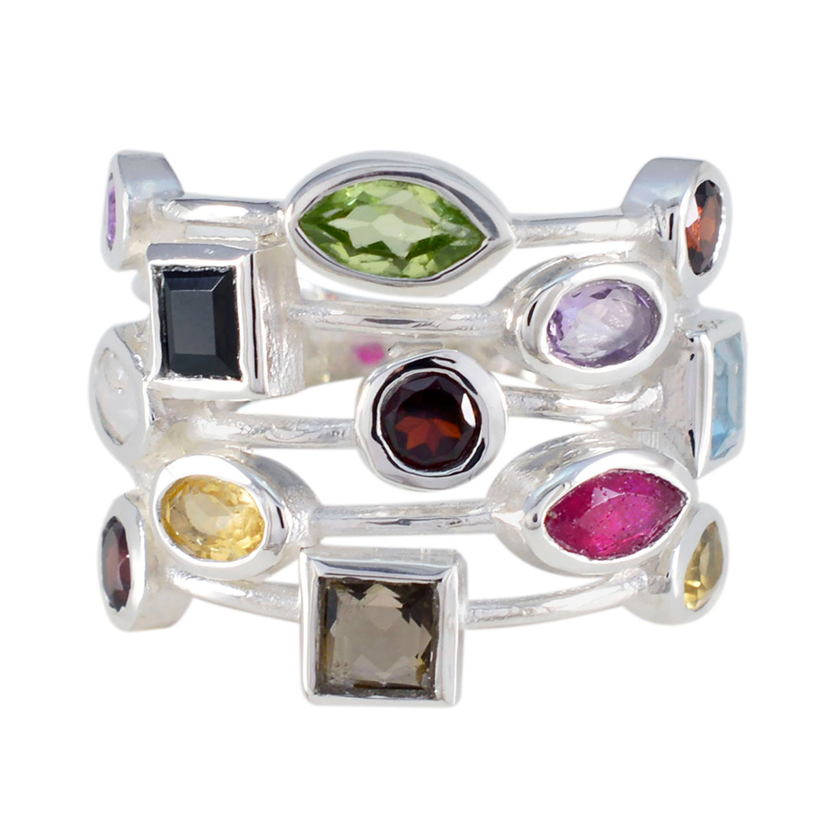 Multi Stone multiple French 925 Sterling Silver multicolor Gemstones Eye catching Cocktail Ring Jewellery Main image