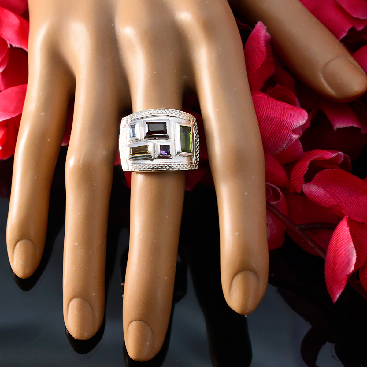 Multi Stone penta German 925 Sterling Silver multicolor Gemstones Versatile Cocktail Ring Jewelry