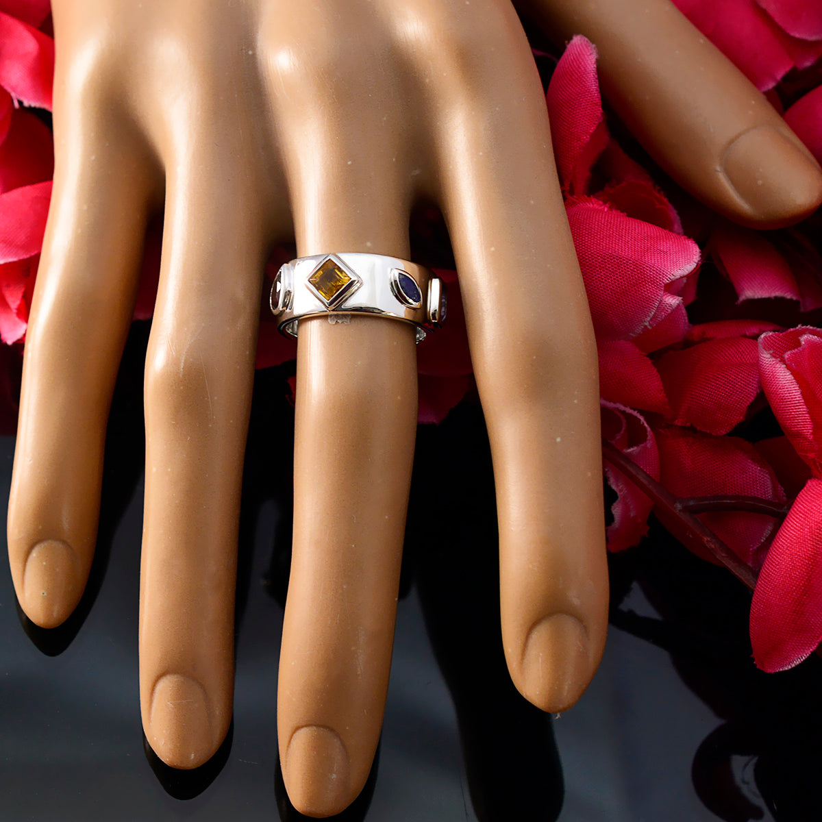 Multi Stone quarter Russian 92.5 Silver multicolor Gems Minimal Abstract Band Jewellery