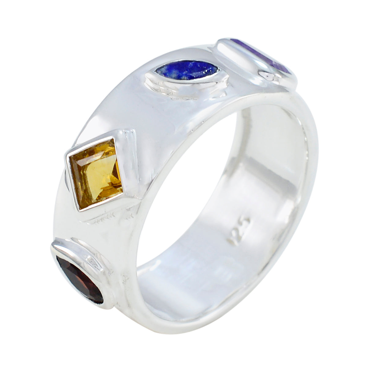Multi Stone quarter Russian 92.5 Silver multicolor Gems Minimal Abstract Band Jewellery